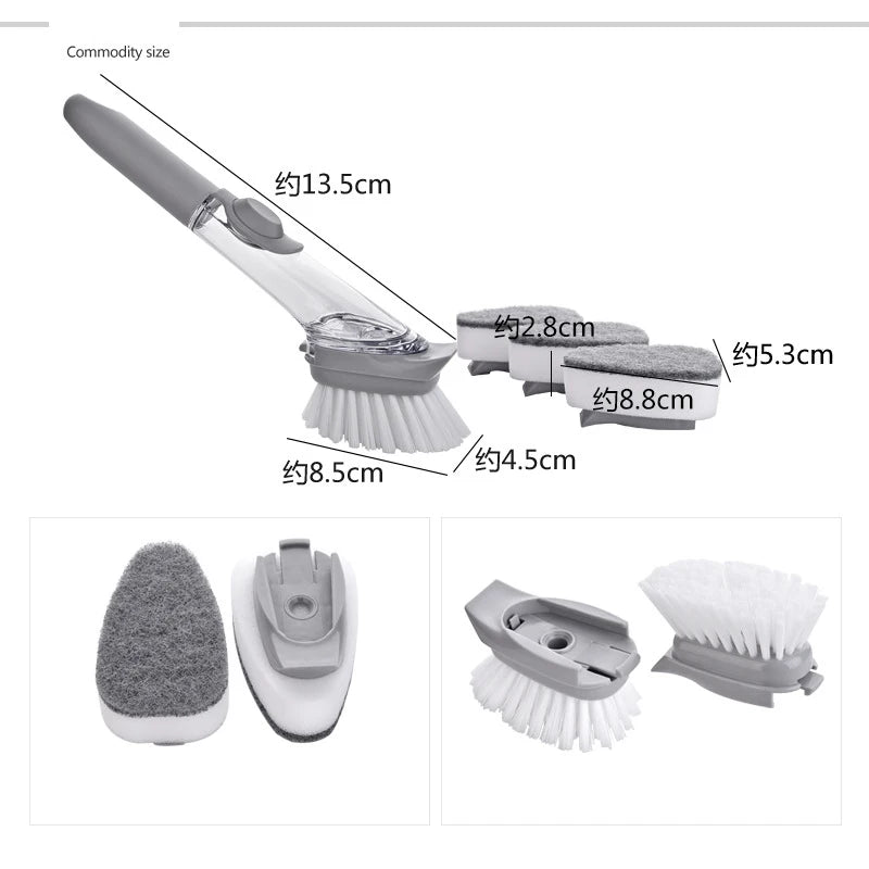 -in-1 Long Handle Kitchen Cleaning Brush with Removable Sponge Dispenser - Versatile Dishwashing Tool