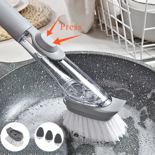 -in-1 Long Handle Kitchen Cleaning Brush with Removable Sponge Dispenser - Versatile Dishwashing Tool